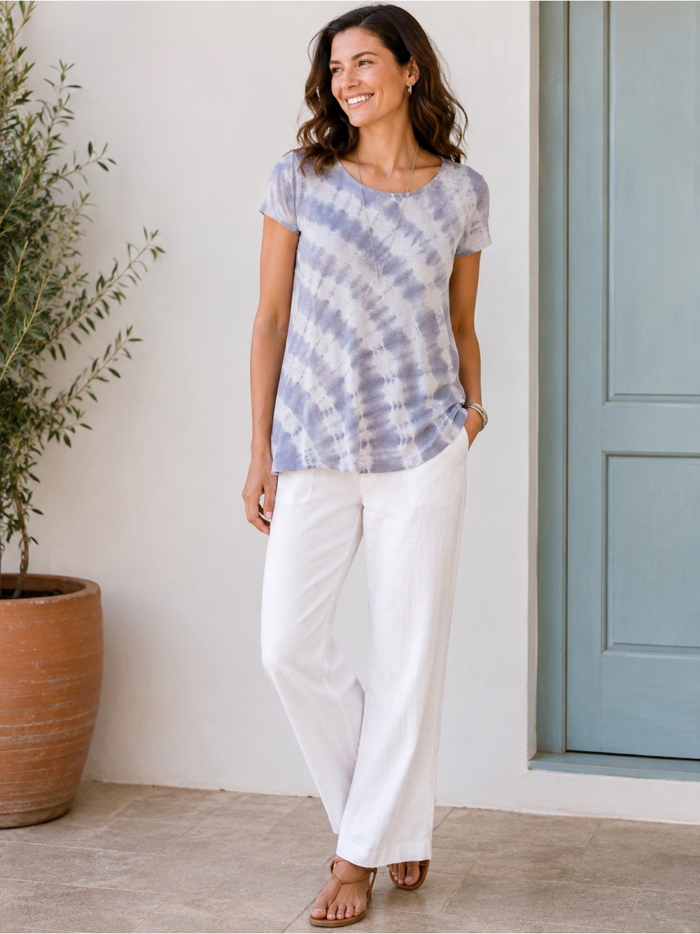 J. Jill Pure Jill Large Scoop Neck Elliptical Tee Gray White Tie Dye 100% Cotton
